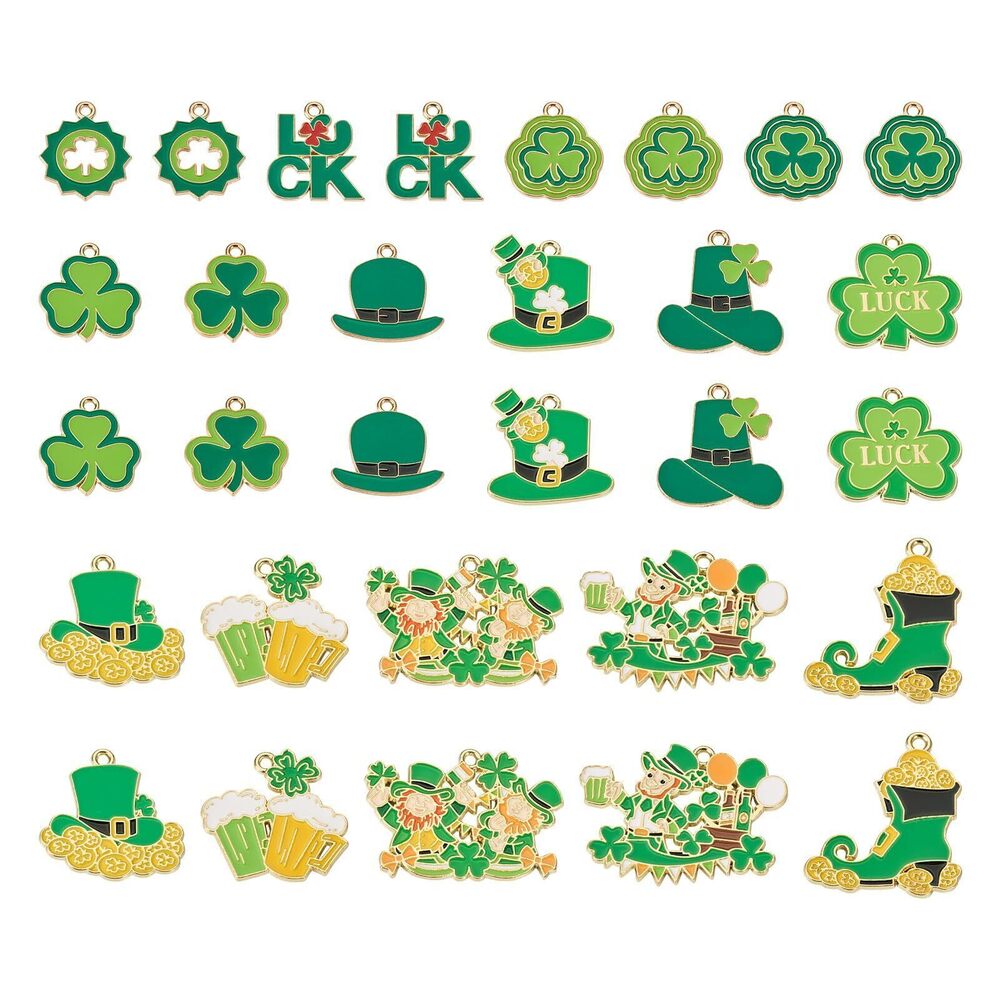 8380 30Pcs St. Patrick's Day Charms Green Shamrock Pendants Irish Hat Shoe
